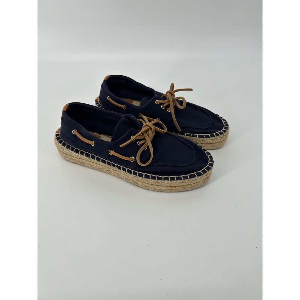Tory Burch Navy Canvas Boat Shoe Espadrilles Leather Lace Up Flats Size 7
